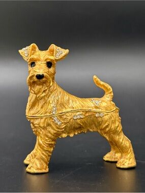 Signed TA Taylor Avedon Gold-tone Terrier Schnauzer Dog Crystal Trinket Box